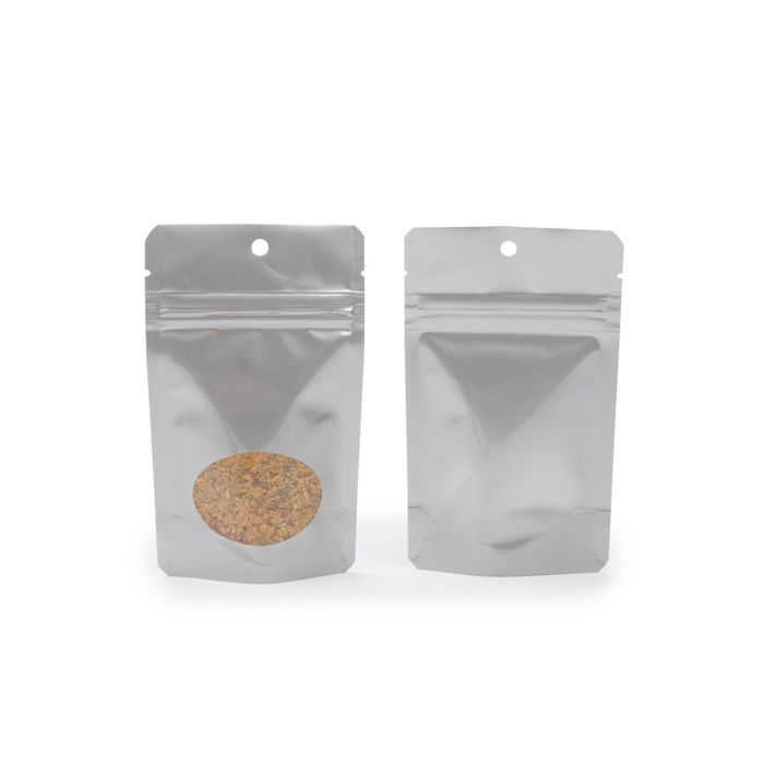 Silver Stand Up Zipper Pouch with Oval Window 8x5x13 cm + Hang Hole (100 Pieces) [ZBGO1SH]