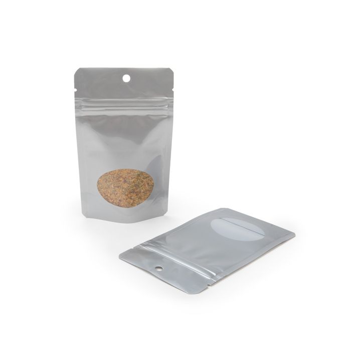 Silver Stand Up Zipper Pouch with Oval Window 8x5x13 cm + Hang Hole (100 Pieces) [ZBGO1SH]