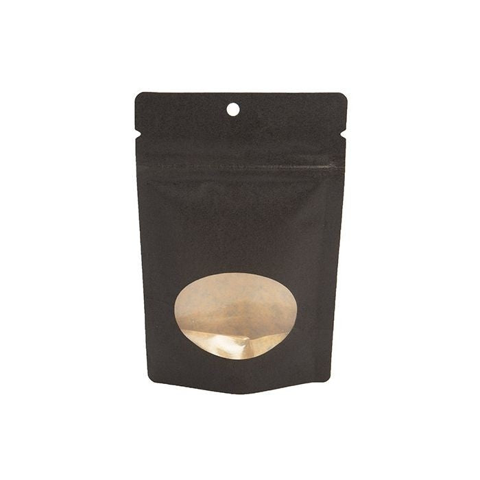 Stand Up Pouches Kraft Black with oval Window 10.2x6x15.2cm | 57 grams with round hang hole (100 pieces) [ZBGO2BKH]