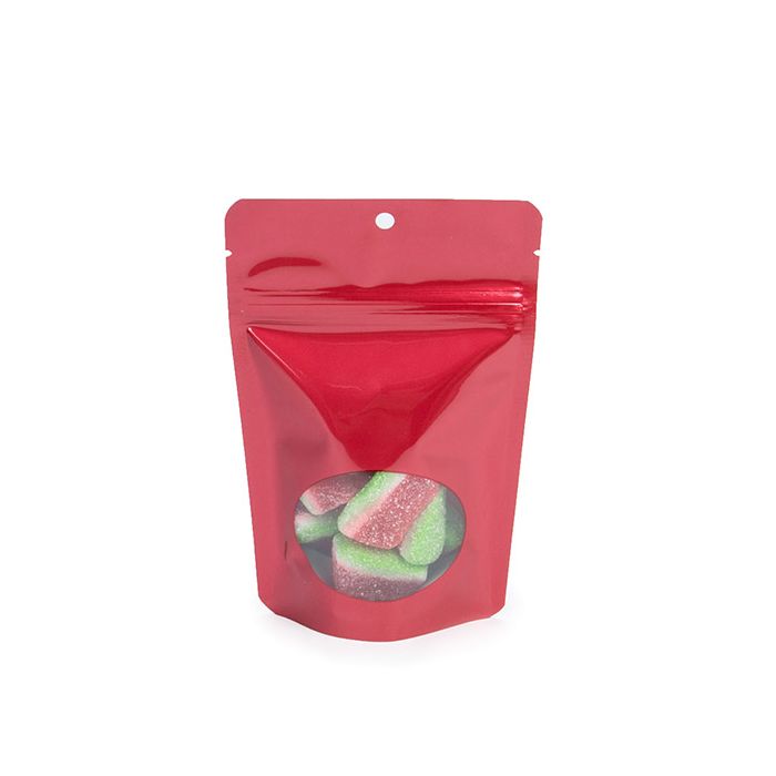 Stand Up Pouches Red With Oval Window 10,2x6x15,2cm With Hanghole