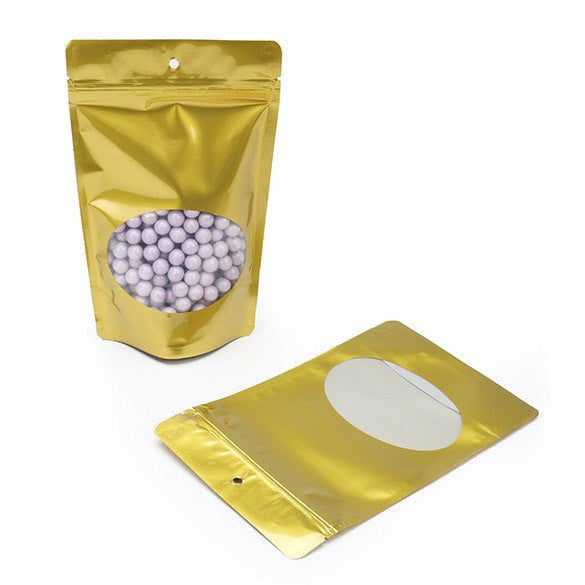 Stand Up Pouches Gold with oval Window 13x7x20.5cm | 113 grams (100 pieces) [ZBGO3G]