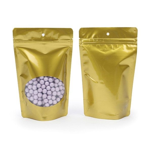 Stand Up Pouches Gold with oval Window 13x7x20.5cm | 113 grams with hang hole (100 pieces) [ZBGO3GH]