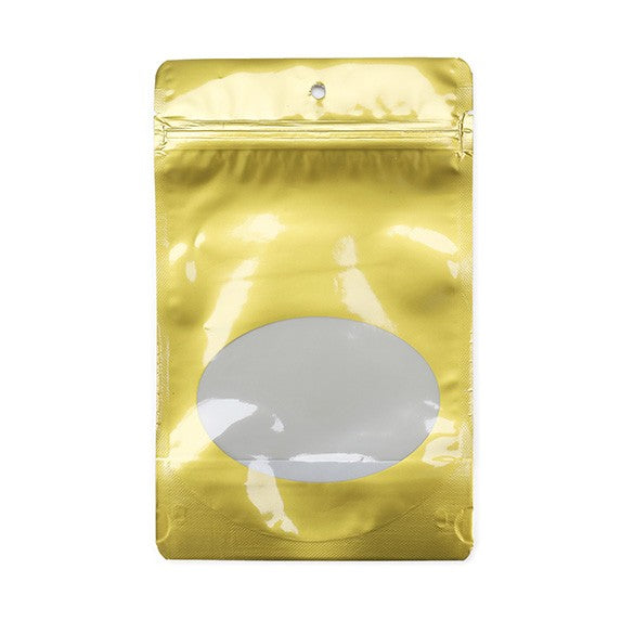 Stand Up Pouches Gold with oval Window 13x7x20.5cm | 113 grams (100 pieces) [ZBGO3G]