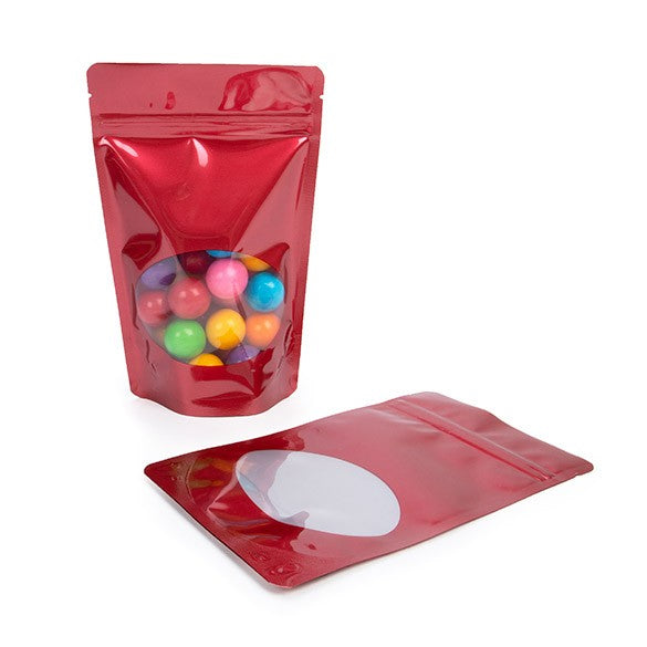 Stand Up Pouches Red with oval Window 13x7x20.5cm | 113 grams (100 pieces) [ZBGO3R]