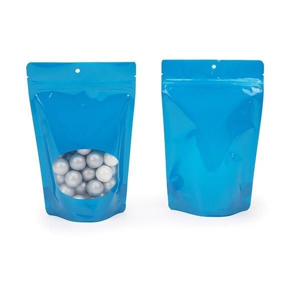 Stand Up Pouches Blue with oval Window 14.9x8.9x23.2cm | 312 grams with round hang hole (100 pieces) [ZBGO7BLH]