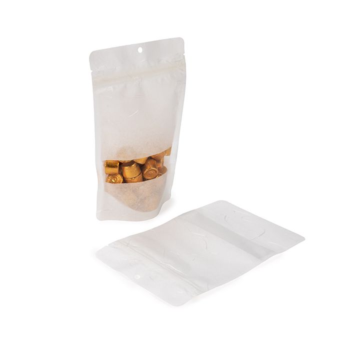 Eco Friendly Stand Up Pouches Rice Paper White With Rectangle window With Hanghole 13x7,9x20,6 cm (100 pieces) [ZBGRC3W]