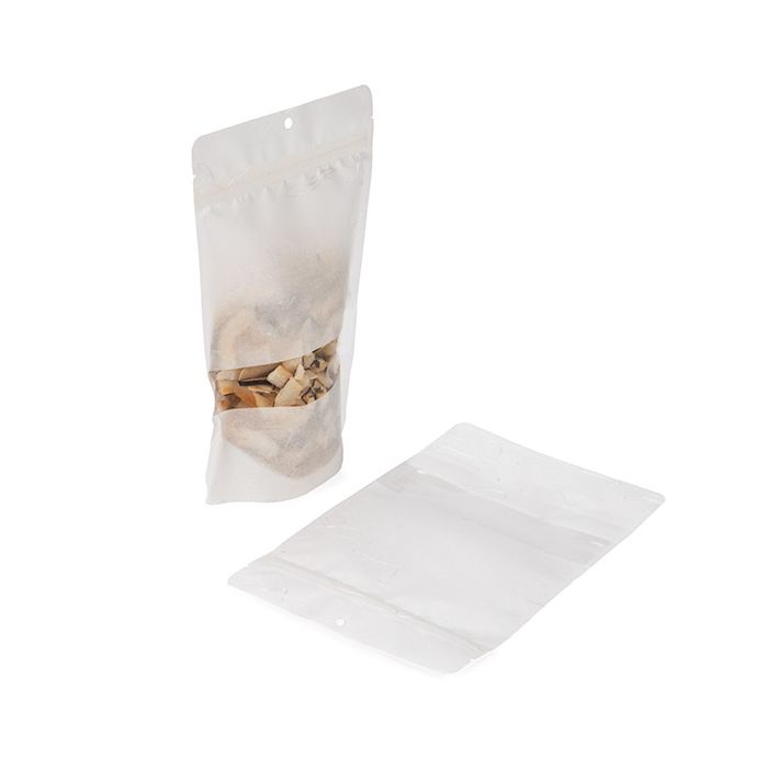 Eco Friendly Stand Up Pouches Rice Paper White With Rectangle Window With Hanghole 14,9x8,9x23,2 cm (100 pieces) [ZBGRC7W]