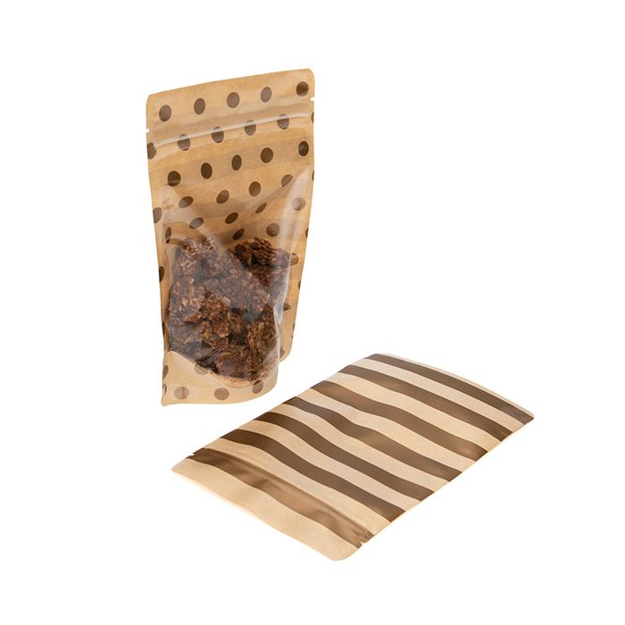 Stand Up Pouches Transparent/Kraft with Gold Dots & Stripes Pattern 13x7,9x20,6 cm (25 pieces) [ZBGSW3SDG]