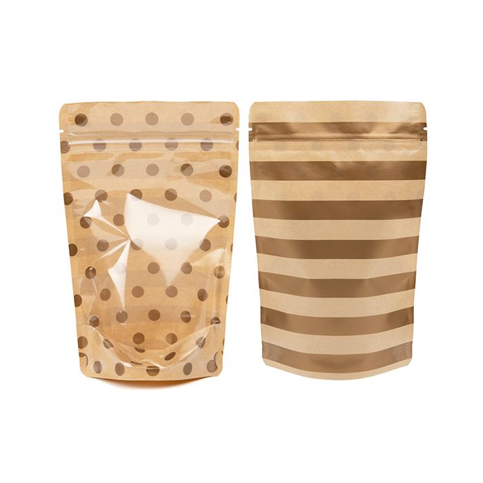 Stand Up Pouches Transparent/Kraft with Gold Dots & Stripes Pattern 13x7,9x20,6 cm (25 pieces) [ZBGSW3SDG]