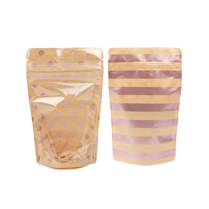 Stand Up Pouches Transparent/Kraft with Rose Gold Dots & Stripes Pattern 13x7,9x20,6 cm (25 pieces) [ZBGSW3SDR]