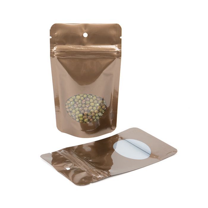 Bronze Stand Up Zipper Pouch with Oval Window 8x5x13 cm + Hang Hole (100 Pieces) [ZBGO1BZH]