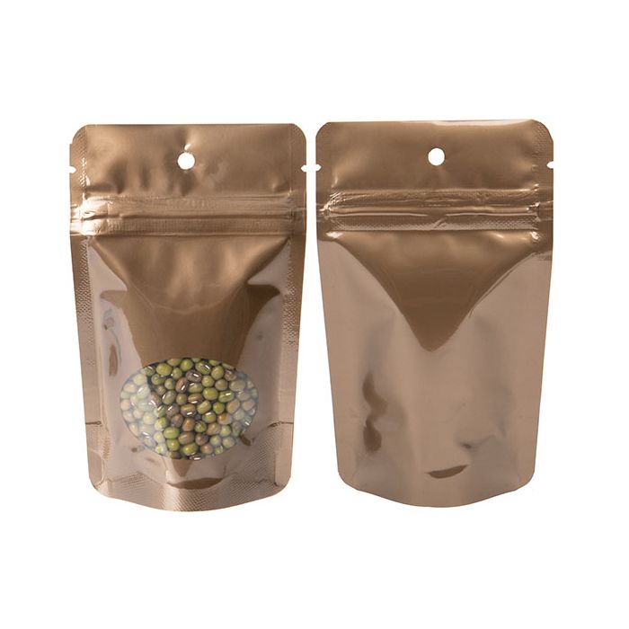 Bronze Stand Up Zipper Pouch with Oval Window 8x5x13 cm + Hang Hole (100 Pieces) [ZBGO1BZH]