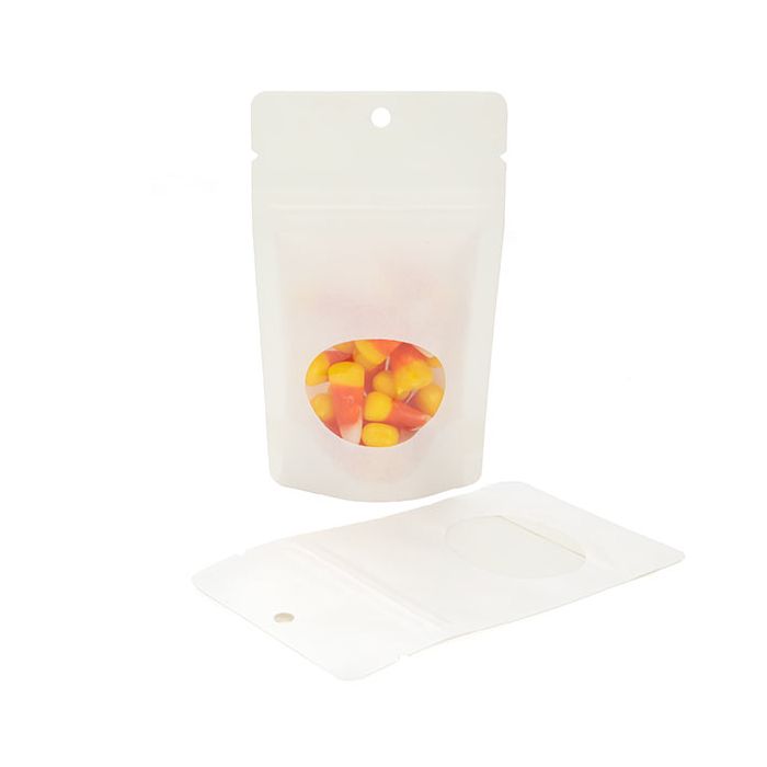 White Kraft Stand Up Zipper Pouch Bag 8x5x13 cm with Oval Window + Hang Hole (100 Pieces) [ZBGO1WKH]