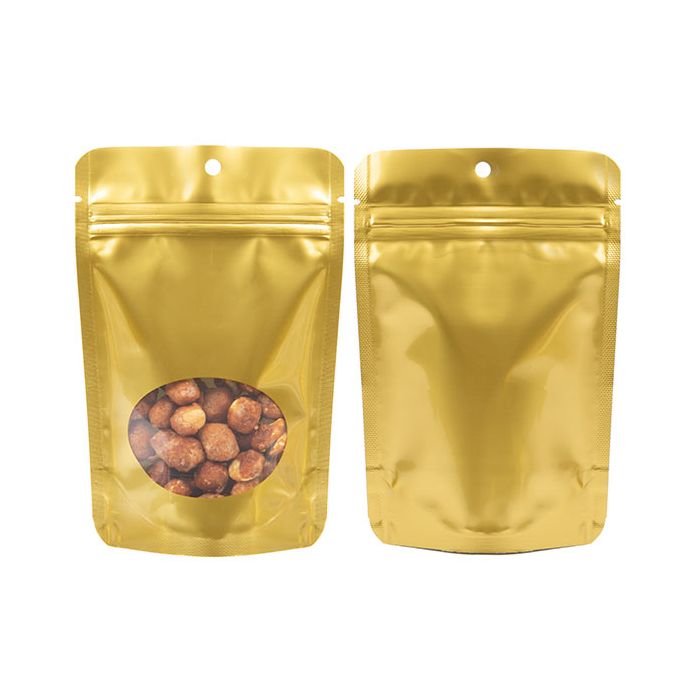 Stand Up Pouches Gold With Oval Window 10,2x6x15,2cm With Hanghole (100 Pieces) [ZBGO2GH]