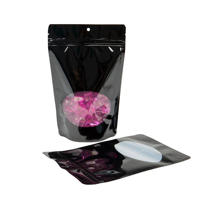 Stand Up Pouches Black With Oval Window 14,9x8,9x23,2cm With Hanghole (100 Pieces) [ZBGO7BH]