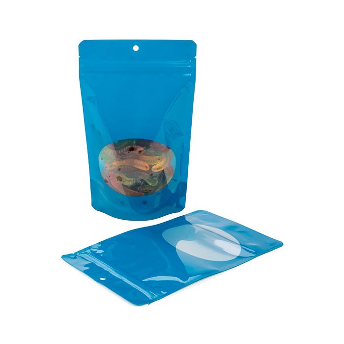 Stand Up Pouches Blue With Oval Window 13x7,9x20,6cm With Hanghole (100 Pieces) [ZBGO3BLH]