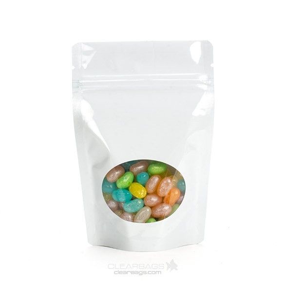 White Metallized Zipper Pouch Gusset Bags w/Oval window 10.2 x 6 x 15.2cm (235ml) (100 Pieces) [ZBGMO2W]
