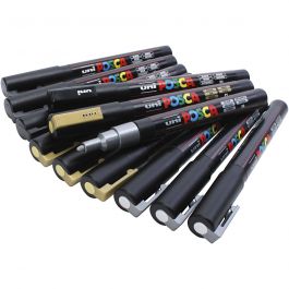 Posca Marker, black, gold, silver, no. PC-3M, line 0,9-1,3 mm, 12 asstd./ 1 pack [HOB-384115]
