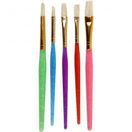 Kids Paint Brushes, assorted colours, no. 8+12+18, L: 14-16 cm, W: 5-10 mm, flat,round, 5 pc/ 1 pack [HOB-10344]