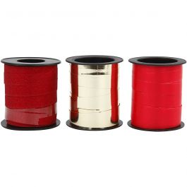 Curling Ribbon, gold, red, red glitter, W: 10 mm, 3x15 m/ 1 pack [HOB-202411]