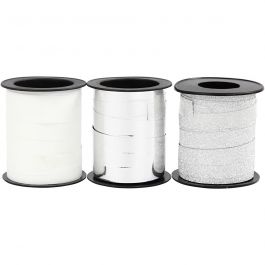 Curling Ribbon, silver, glitter silver, white, W: 10 mm, 3x15 m/ 1 pack [HOB-202412]
