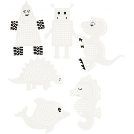Embroidery card, white, animals/robots, H: 8-13 cm, 6x3 pc/ 1 pack [HOB-21951]
