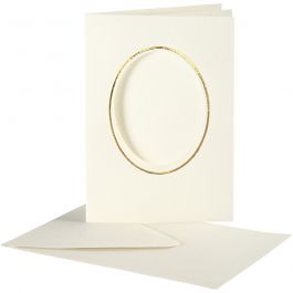 Passepartout Card, off-white, oval with gold border, card size 10,5x15 cm, envelope size 11,5x16,5 cm, 10 set/ 1 pack [HOB-23724]