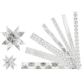 Paper star strips, silver, white, L: 44+78 cm, W: 15+25 mm, D 6,5+11,5 cm, 48 strips/ 1 pack [HOB-24360]