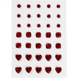Rhinestones, red, round, square, heart, size 6+8+10 mm, 35 pc/ 1 pack [HOB-24375]
