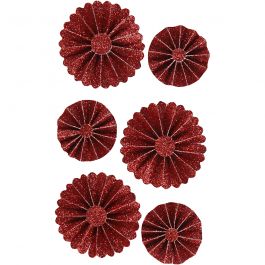 Paper Rosettes, red glitter, D 35+50 mm, 6 pc/ 1 pack [HOB-24775]