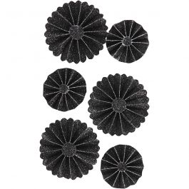 Paper Rosettes, black glitter, D 35+50 mm, 6 pc/ 1 pack [HOB-24787]