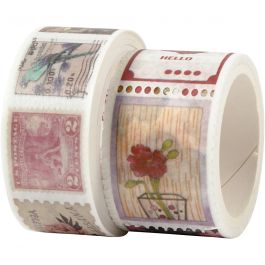 Washi Tape, Stamp and flower motive, L: 3+5 m, W: 20+25 mm, 2 roll/ 1 pack [HOB-25244]