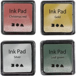 Ink Pad, gold, leaf green, christmas red, silver, H: 2 cm, size 3,5x3,5 cm, 4 pc/ 1 pack [HOB-285344]