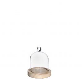 Glass dome with glass knob with wooden base Ø10 h.12 cm (1 pc) [IFS-29311]