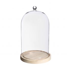 Glass dome with glass knob with wooden base Ø17 h.28 cm (1 pc) [IFS-29315]