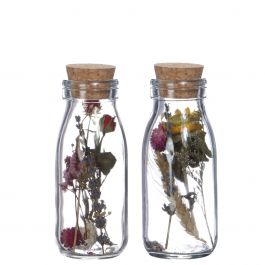 Glass milk bottle with 2 different dried flowers Ø6cm (12 pcs.) [IFS-29391]