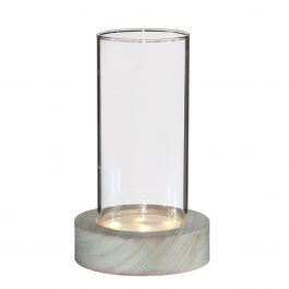 Glass cylinder with LED in wooden base 17cm high (1 pcs.) [IFS-30183]