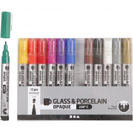 Glass & Porcelain Marker, assorted colours, line 1-2 mm, semi opaque, 12 pc/ 1 pack [HOB-31334]