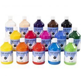 School acrylic paint matte, assorted colours, matt, 15x500 ml/ 1 box [HOB-32100]