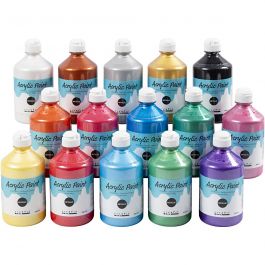 School acrylic paint metallic, assorted colours, metallic, 15x500 ml/ 1 box [HOB-32200]