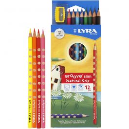 Groove Slim Colouring Pencils, assorted colours, L: 18 cm, lead 3,3 mm, 12 pc/ 1 pack [HOB-38505]