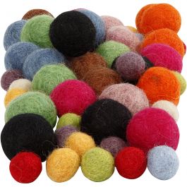Felt balls, assorted colours, D 10+20 mm, 52 pc/ 1 pack [HOB-45148]