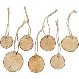 Rustic Wooden Discs with Hanging Cord: 35-45mm - 7pc Rustic Wooden Discs with Hanging Cord: 35-45mm - 7pc