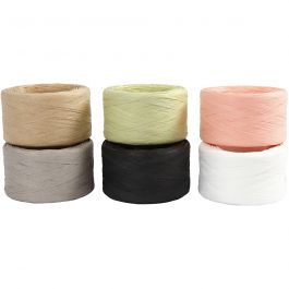 Paper raffia yarn, assorted colours, W: 7-8 mm, 6x100 m/ 1 pack [HOB-503299]