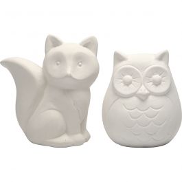 Animal Saving Banks, white, owl and fox, H: 9 cm, 2 pc/ 1 box [HOB-50570]