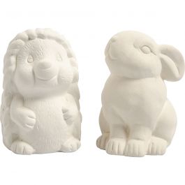Animal Saving Banks, white, hedgehog and hare, H: 10 cm, 2 pc/ 1 box [HOB-50571]