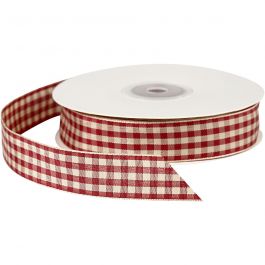 Checked Ribbon, antique red/white, W: 20 mm, 25 m/ 1 roll [HOB-51389]