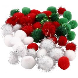Pompoms, green, red, white, D 15+20 mm, 48 asstd./ 1 pack [HOB-51881]