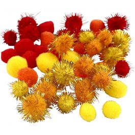 Pompoms, orange, red, yellow, D 15+20 mm, 48 asstd./ 1 pack [HOB-51882]