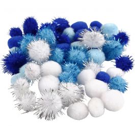 Pompoms, light blue, dark blue, white, D 15+20 mm, 48 asstd./ 1 pack [HOB-51883]